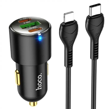 Автомобильное зарядное устройство 3 USB 43W + быстрая зарядка QC3.0 + кабель Type-C-Lightning, Black, Hoco (6931474765192)
