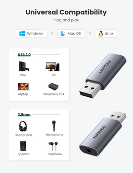 Внешняя звуковая карта UGREEN CM383 Audio Adapter USB 2.0 to 3.5mm Grey (80864)