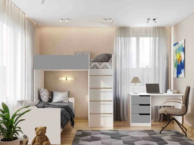 Дитяча спальня Віорина Деко BED-Room 3 ДСП/ПВХ Білий/Сірий (ліжко-кімната/односпальне ліжко/письмовий стіл)