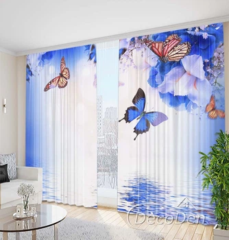 3D Фото Шторы PHOTODECOR "Синие ирисы и бабочки над водой"