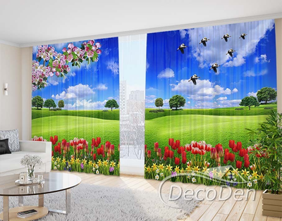 Фото Штори PHOTODECOR "Весняні квіти з тюльпанами та журавлями"