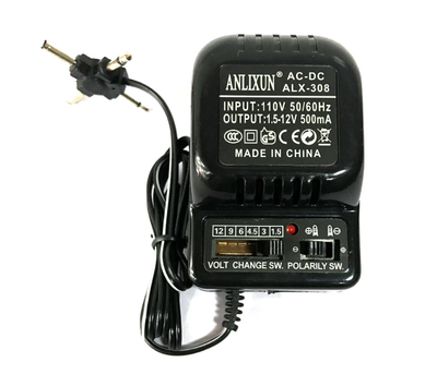 Адаптер питания ALX-308 с регулировкой 1,5V-12V 0,5A, штекер 5,5*2,1, jack3,5, LED - индикация