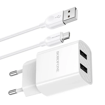 Адаптер мережевий BOROFONE Micro USB Cable Powerway dual port charger set BA53A |2USB, 2.1A| білий
