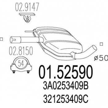 Глушитель средний MTS 0152590 Volkswagen Passat 321253409C, 357253409C, 3A0253409B