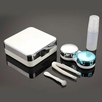Дорожный набор для хранения контактных линз. Квадратный контейнер для контактных линз с пинцетом, флаконом для жидкости и присоской. Silver (Серебристый)