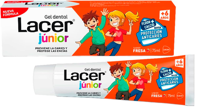 Żel do zębów dla dzieci Lacer Junior z fluorem i wapniem Truskawka 75 ml (8470003319782)