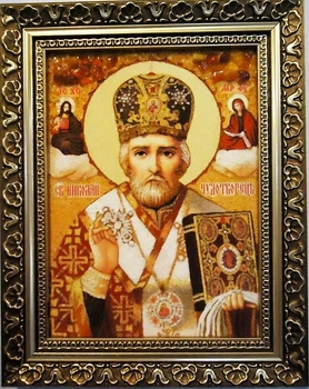 Ікона з бурштину Святого Миколи Чудотворця Prezent Микола ІІ рама 20*30 см
