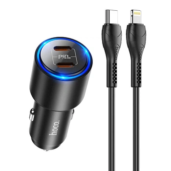 Адаптер автомобильный Hoco Type-C to Lightning Cable Clear way dual port Car charger set NZ3 |2Type-C, QC/PD, 3A/40W| черный