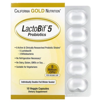 Пробиотики, 5 млрд КОЕ, California Gold Nutrition, LactoBif 1 пластина 10 растительных капсул