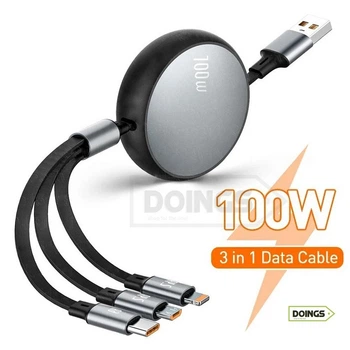Дата кабель рулетка 120 см USB - Type C, Micro USB, Lightning, CARPRIE J26 - 100W / 6A / Fast Charger / з чіпом заряду
