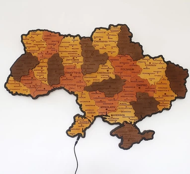 Карта объёмная средняя настенная из дерева 3D многослойная с синей подсветкой Prezent Україна английский