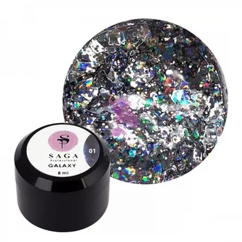 Глиттерный гель Saga Professional Galaxy Glitter 01 прозрачный с голографическими серебристыми глиттерными частичками и сине-бирюзовым переливом 8 мл (2100994246694)