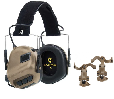 Тактичні активні навушники Earmor М31 + кріплення на шолом OPS Core чебурашка Койот (900890) Kali