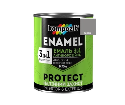 Эмаль-грунт акриловая KOMPOZIT "3 в 1 PROTECT" для металла и оцинковки серая 0,75кг