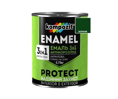 Эмаль-грунт акриловая KOMPOZIT "3 в 1 PROTECT" для металла и оцинковки зеленая 0,75кг