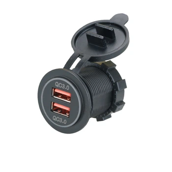 USB розетка Р19 автомобильная круглая врезная (12-24В, 2 USB QC 3.0, с крышкой, с красной подсветкой) (23000310)