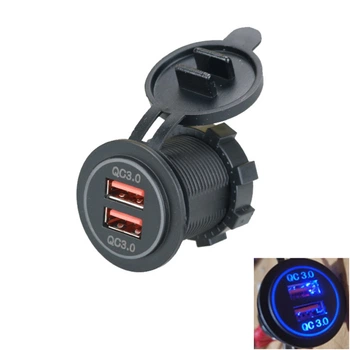 USB розетка Р19 автомобильная круглая врезная (12-24В, 2 USB QC 3.0, с крышкой, с синей подсветкой) (23000309)