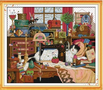 Набір для вишивання за нанесеною на канву схемою The cat and sewing m. AIDA 14CT printed, 54*48 см
