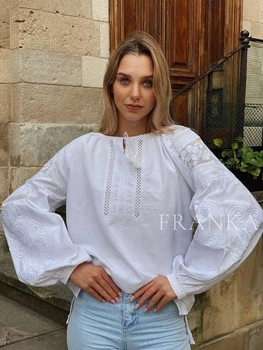 Витончена біла вишиванка жіноча "Олімпія" квіткова блуза з решетилівкою на домотканому полотні 12388-48 (L)