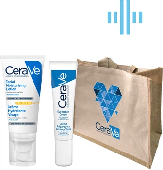 Дневной увлажняющий крем CeraVe для нормальной и сухой кожи лица с SPF30 52 мл + Восстанавливающий крем для всех типов кожи вокруг глаз 14 мл + Сумка (3337875840620/3337875597272)