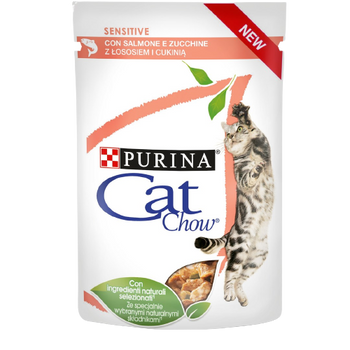 Вологий корм для кішок Purina Cat Chow Sensitive з лососем та цукіні в соусі 85 г (7613037025521)