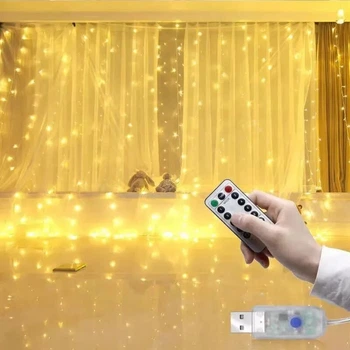Светодиодная гирлянда-занавес USB 300 LED 3x3м с пультом Теплый белый