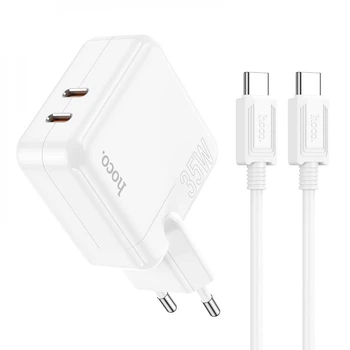 Блок питания Hoco C110A Lucky + кабель Type-C (PD 35 Вт, QC 3.0, 3А, х2 USB Type-C, с быстрой зарядкой, сзу) - Белый