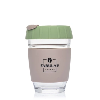 Чашка Fabulas Glass+Silicone з Кришкою Ребро Зелено-Сіра 340мл