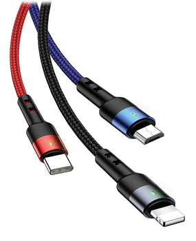 Плетений кабель Usams 3 в 1 USB - USB Type-C + Micro-USB + Lightning швидка зарядка 0.35 м (6958444984308)