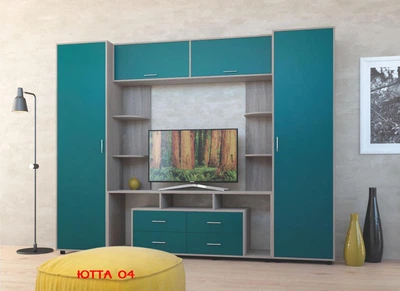 Стильна стінка у вітальню у стилі мінімалізм ЛДСП+МДФ Київський Стандарт "Юта М" 270х210х44 см сірий-бірюзовий