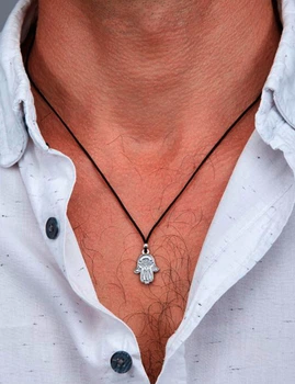 Срібне чоловіче кольє Family Tree Jewelry Line на чорному шнурку з підвіскою амулет Хамса