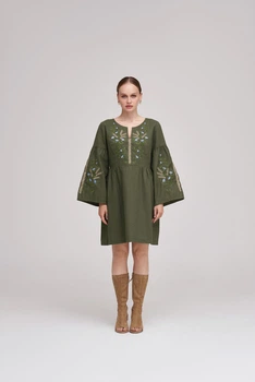 Жіноча сукня з вишивкою MEREZHKA "Колосся" хакі, розмір XL-2XL