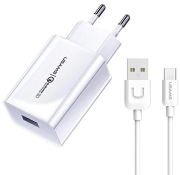 Мережевий зарядний пристрій Usams US-CC083 T22 USB 18W Fast Charging White + кабель USB - USB-C T48 1 м White (6958444900681)