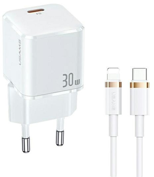 Мережевий зарядний пристрій Usams USAMS-UX T45 USB-C 30W PD 3.0 Fast Charging White + кабель U63 USB-C - Lightning 1.2 м White (6958444977355)