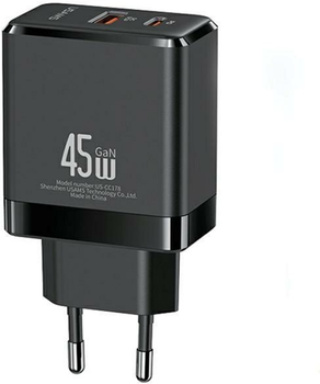 Мережевий зарядний пристрій Usams US-CC178 T58 USB-C + USB 45W GaN PD 3.0 QC3.0 Fast Charging Black (6958444904658)