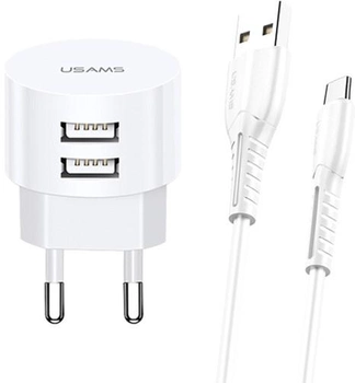 Ładowarka sieciowa Usams T20 2xUSB 10W QC2.0 Fast Charging biała + kabel USB - USB-C 1 m biały (6958444981000)