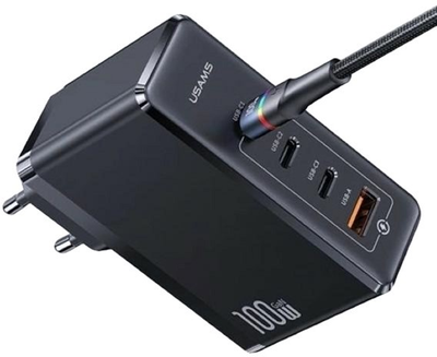 Мережевий зарядний пристрій Usams US-CC163 T50 3xUSB-C+1xUSB 100W GaN PD Fast Charging Black (6958444901367)