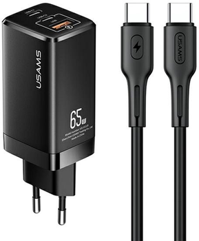 Мережевий зарядний пристрій Usams T33 2xUSB-C+USB 65W GaN PD Fast Charging Black + кабель USB-C - USB-C 30W Black (6958444927350)