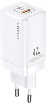 Мережевий зарядний пристрій Usams US-CC137 T41 USB-C+USB 47W GaN PD+QC Fast Charging White (6958444971148)