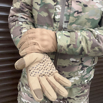Плотные перчатки SoftShell с защитными накладками и антискользящими вставками койот размер