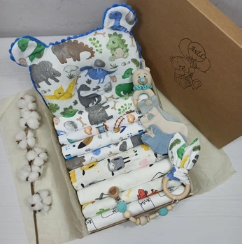 Набор для новорожденного: подушка, пеленки и игрушки a.l.babybox Дино Синий