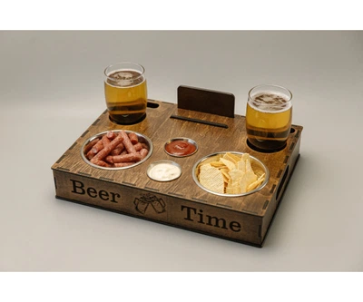Пивний органайзер бокс для пива + 2 бокали 2 миски 2 соусниці нержавіюча сталь DROM 003 подарунковий набір підставка столик для бокалів з тримачем для телефону ємності для снеків