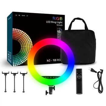 Цветная кольцевая LЕD лампа RGB 45 см 55W HQ-18 с тремя держателями для телефона и пультом ДУ, чехол-сумка для съёмки фото и видео | Без штатива | 771516