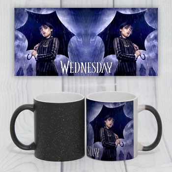 Чашка черная хамелеон с блестками с принтом Уэнсдей Wednesday