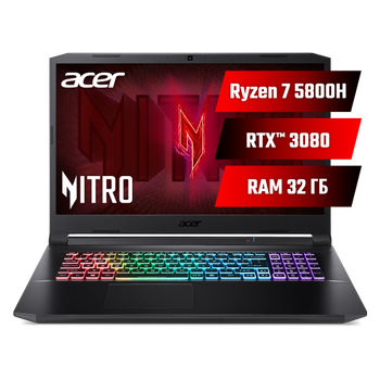Ноутбук Acer Nitro 5 AN517-41-R3VB (NH.QBHEU.00J) Shale Black / 17.3” IPS Full HD 144 Гц, / AMD Ryzen 7 5800H / RAM 32 ГБ / SSD 1 ТБ / nVidia GeForce RTX 3080, 8 ГБ