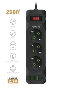 Фільтр-подовжувач AURA Energy 3+3 USB-A + USB-C (PD) 2M Black