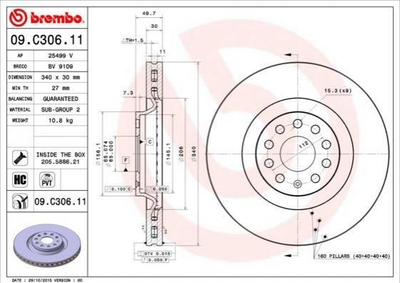 Тормозные диски BREMBO 09C30611 Volkswagen Passat, CC, Golf, Tiguan; Audi A3, TT; Skoda Octavia, Superb, Kodiaq; Seat Leon 3C0615301C, 1K0615301AD, 5Q0615301G