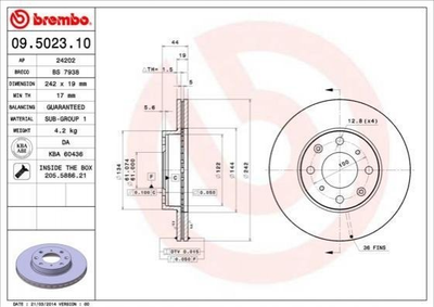 Тормозные диски BREMBO 09502310 Honda Civic 45251SB2990, 45251SB2980, 45251SB2782