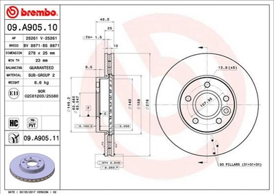 Тормозные диски BREMBO 09A90511 Ford Focus, C-Max; Volvo C70, V40, C30, V50, S40 31381374, 31362411, AV611125DA