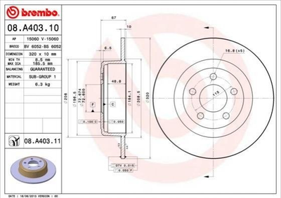 Тормозные диски BREMBO 08A40311 Chrysler 300C 4779208AF, 4779208AE, 4779208AD